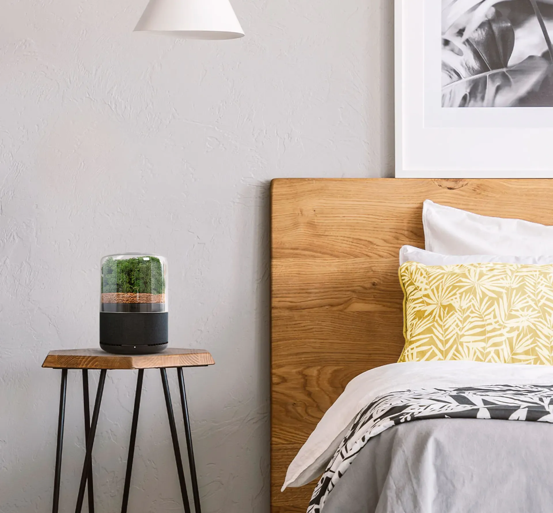 Briv plant powered air filter sitting next to a bed featured by Rodd