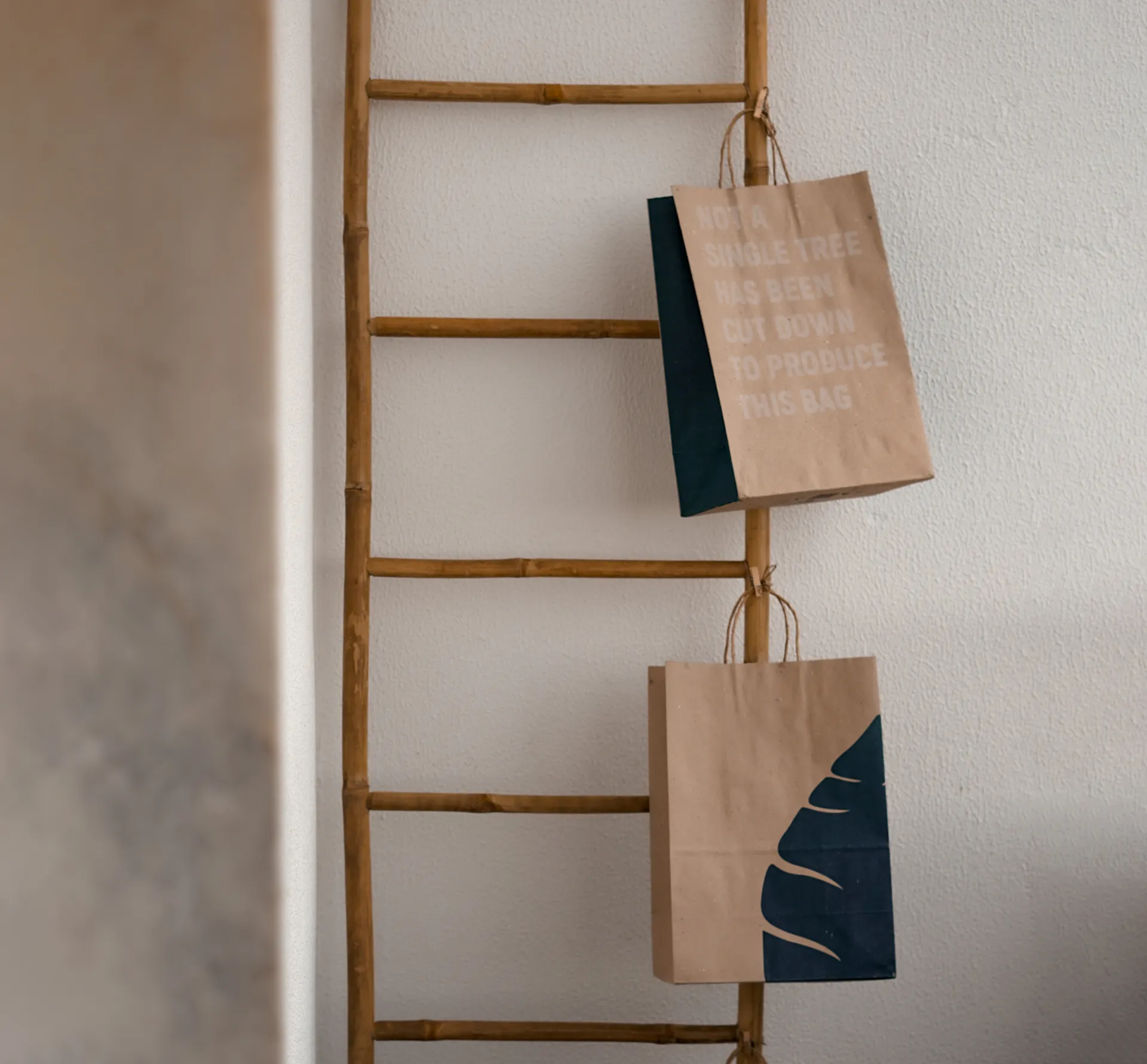 Eco-friendly packaging made from fallen leaves hanging on a ladder