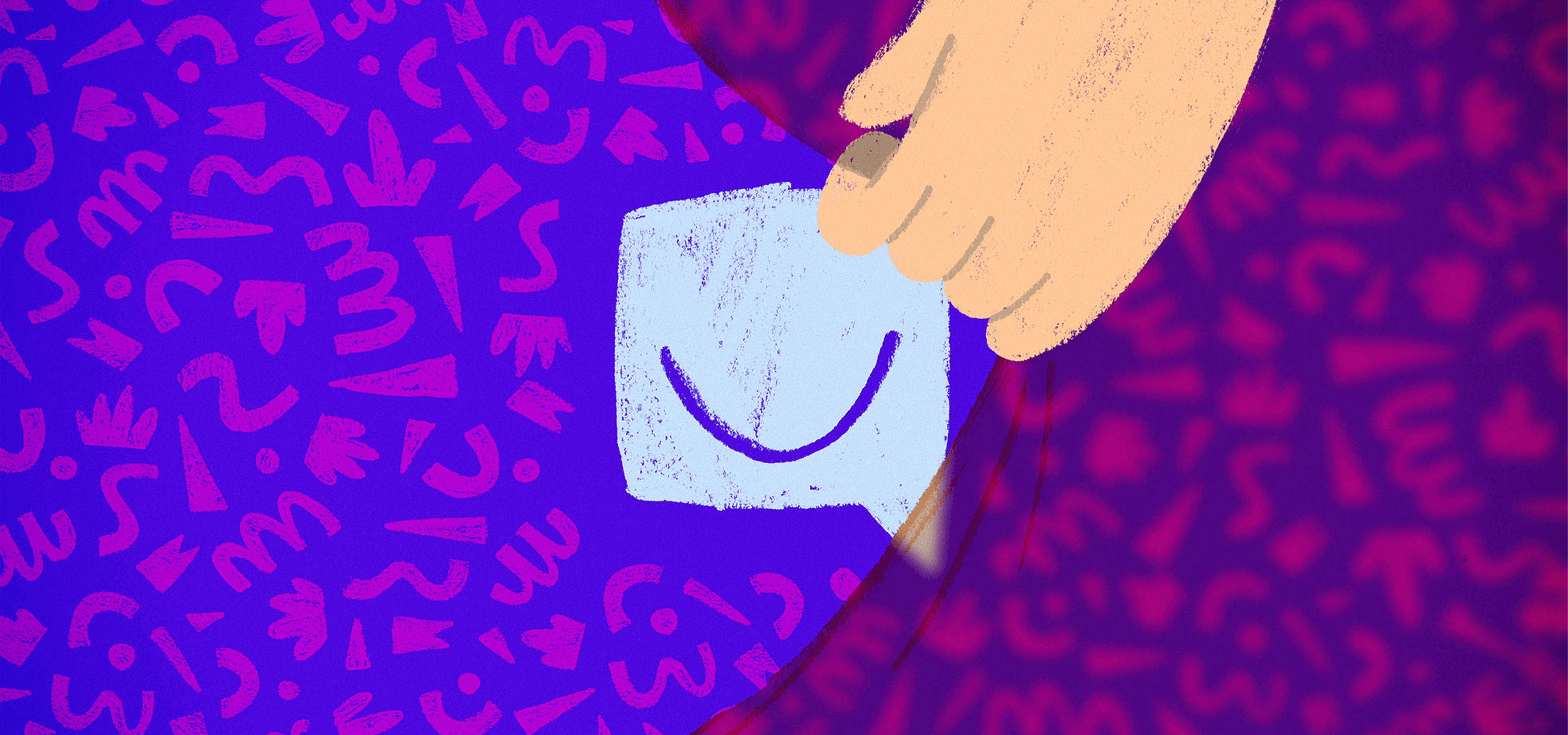 Illustration of hand pulling curtain with logo underneath