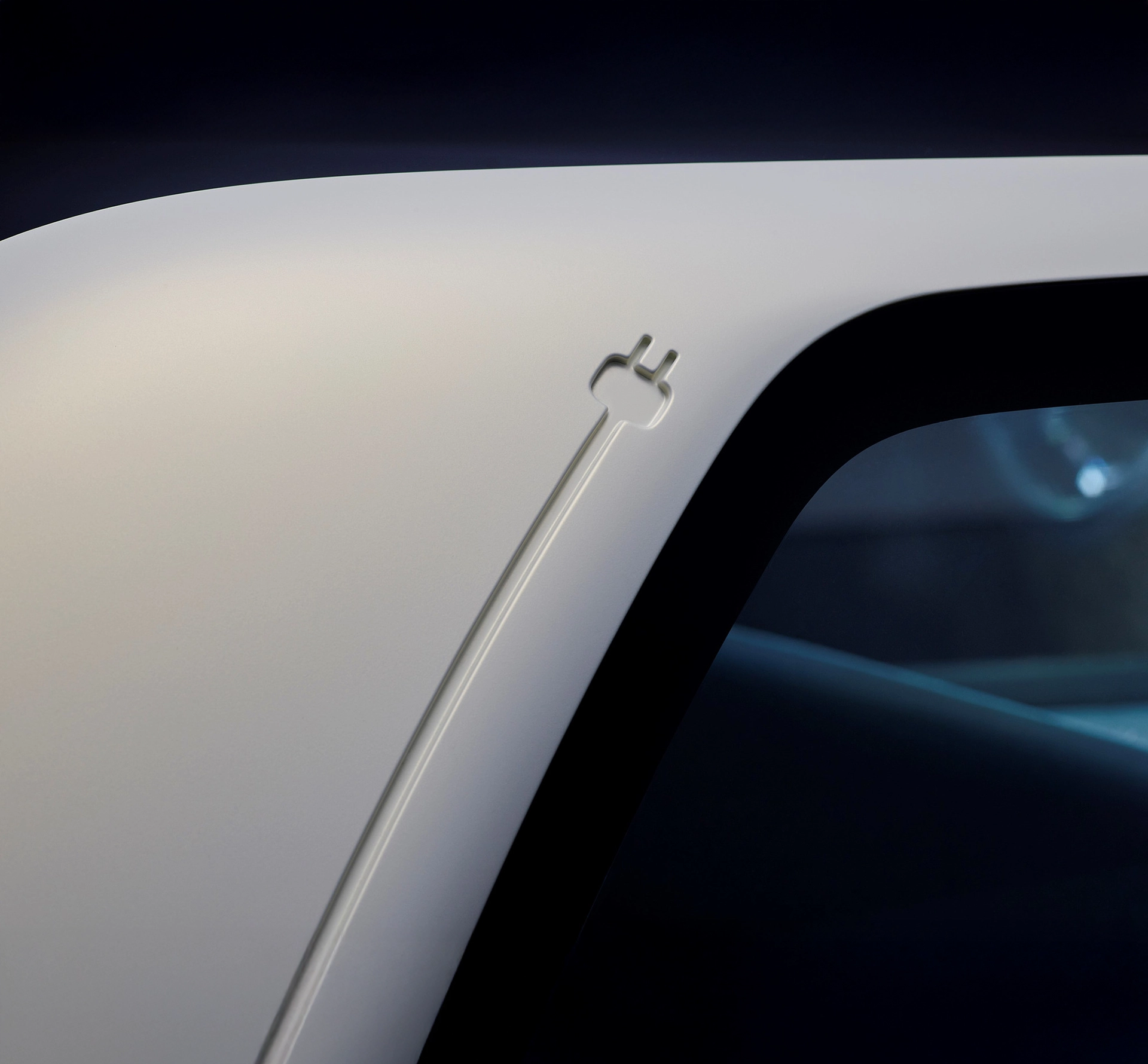 Closeup detail of a white electric car