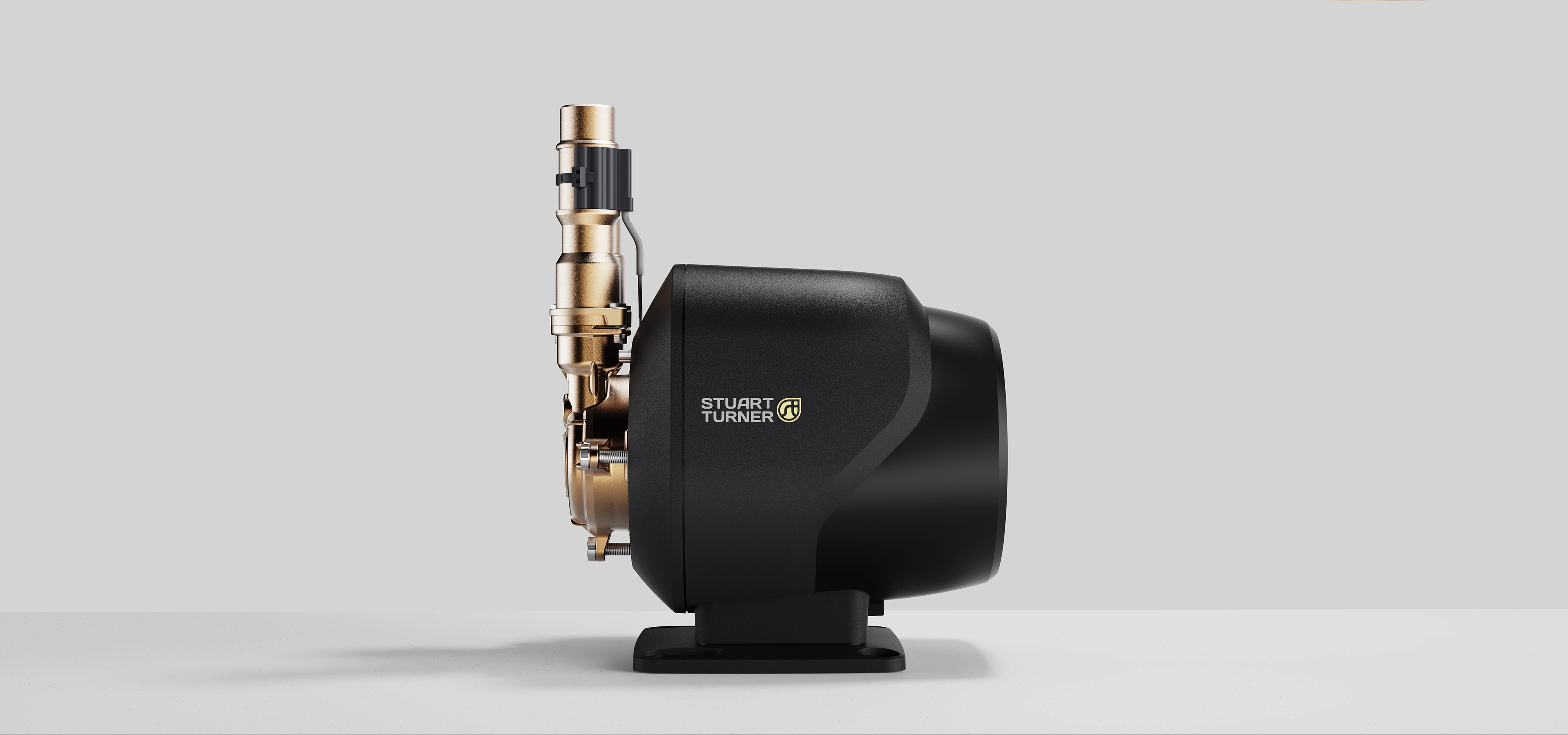Side view of a black water pump on grey background