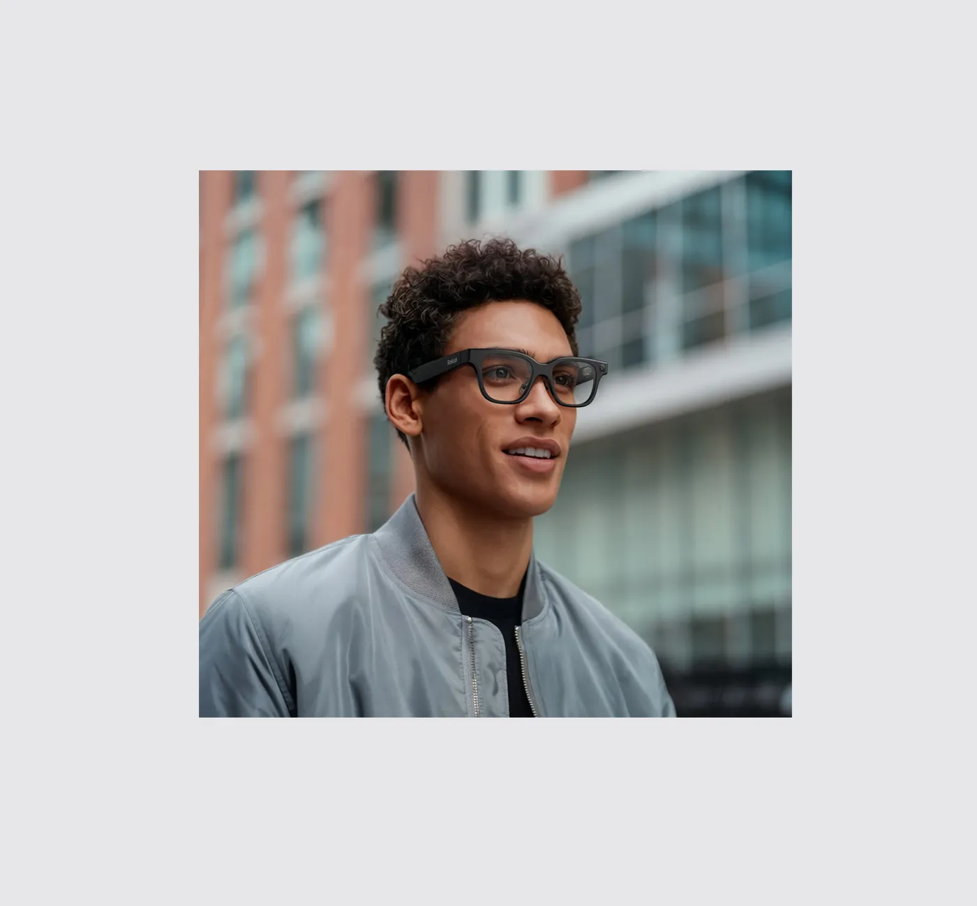 Rokid artificial intelligence glasses worn by an mix raced male in a street